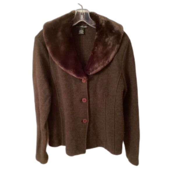 WLLI SMITH LARGE CHOCOLATE BROWN BOILED WOOL BUTTON FRONT JACKET FAUX FUR COLLAR - Picture 1 of 6